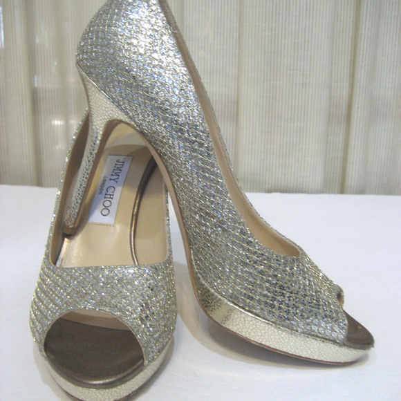 JIMMY CHOO Luna Champagne Gltter Peep Toe Size 38